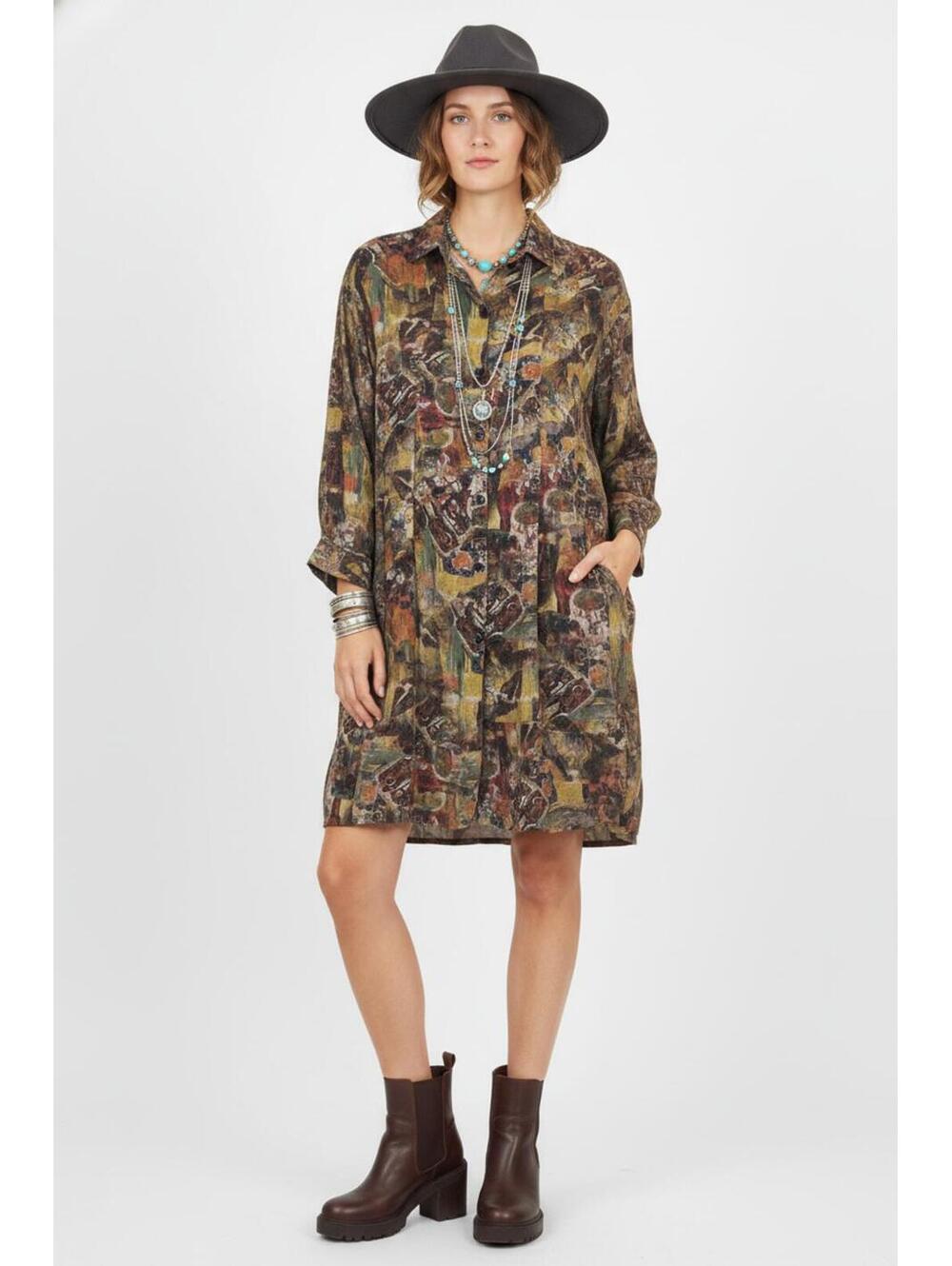 Heteroclite 100% Cotton Abstract Print Button Down Tunic Dress XXL Vintage